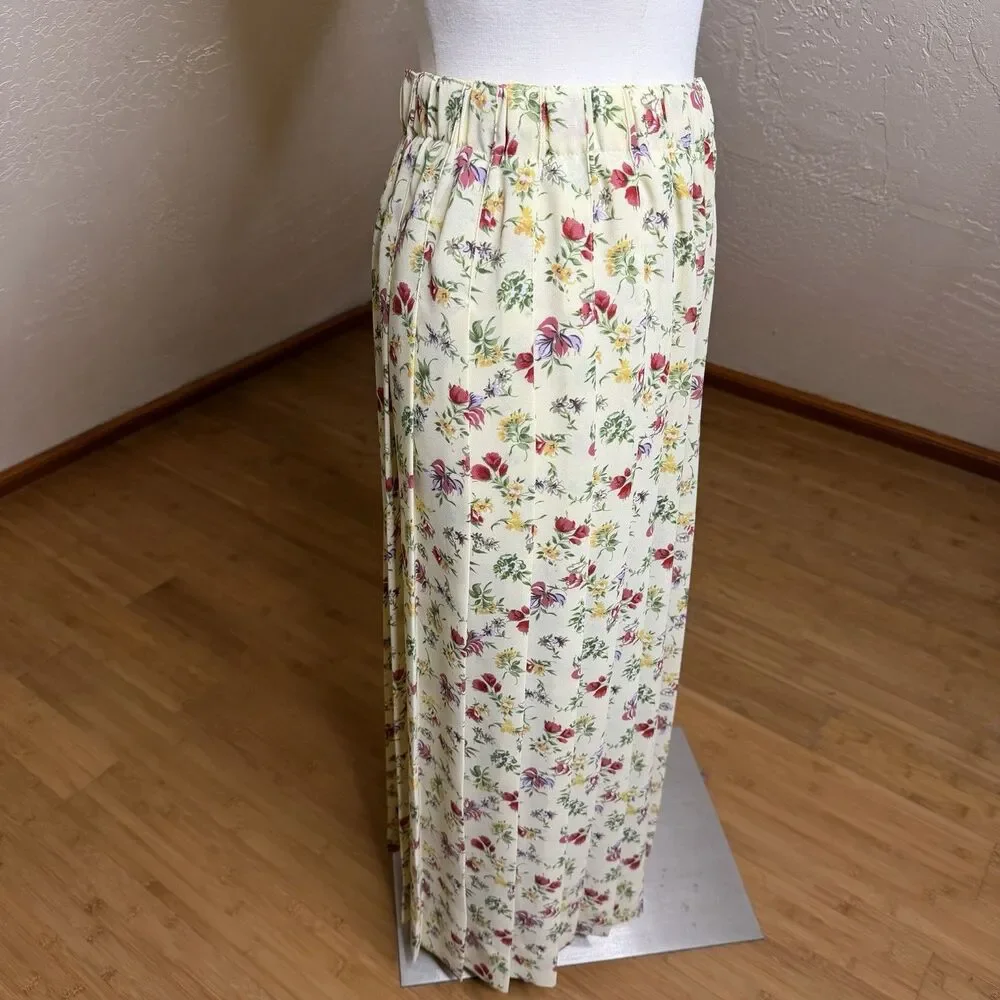 Vintage Susan Bristol Pleated Midi Skirt Womens M Yellow Floral Cottagecore